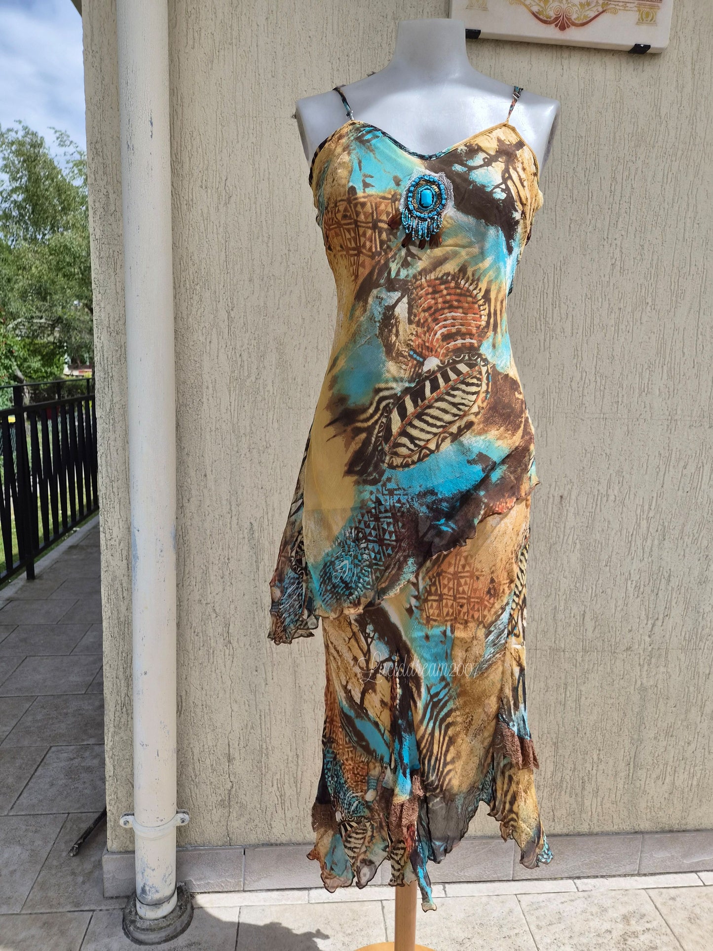 Ensemble en soie bleu et beige