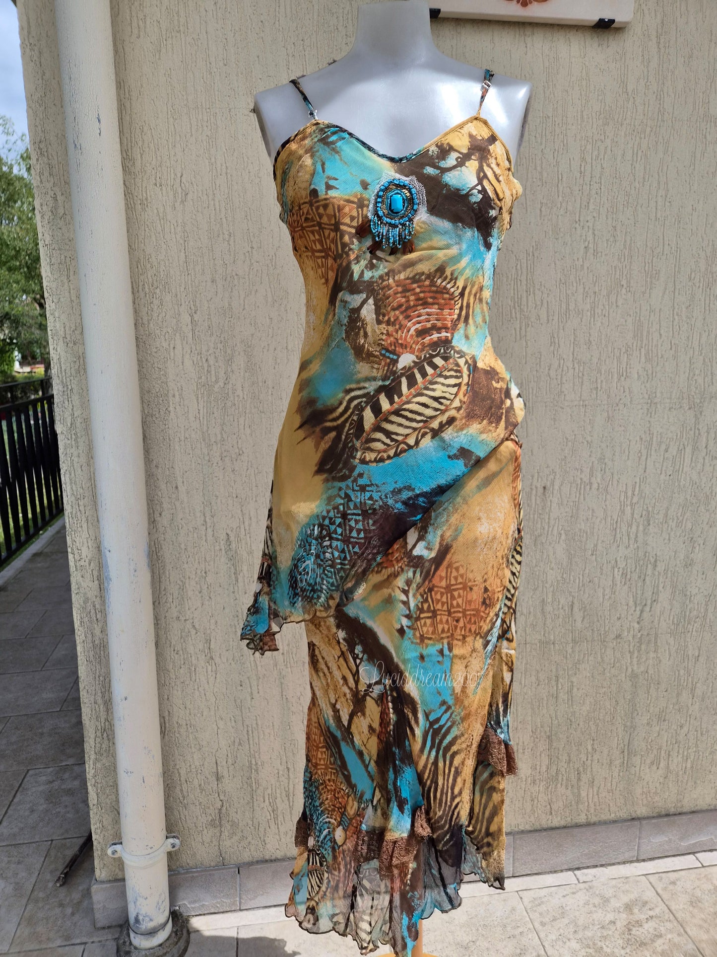 Ensemble en soie bleu et beige