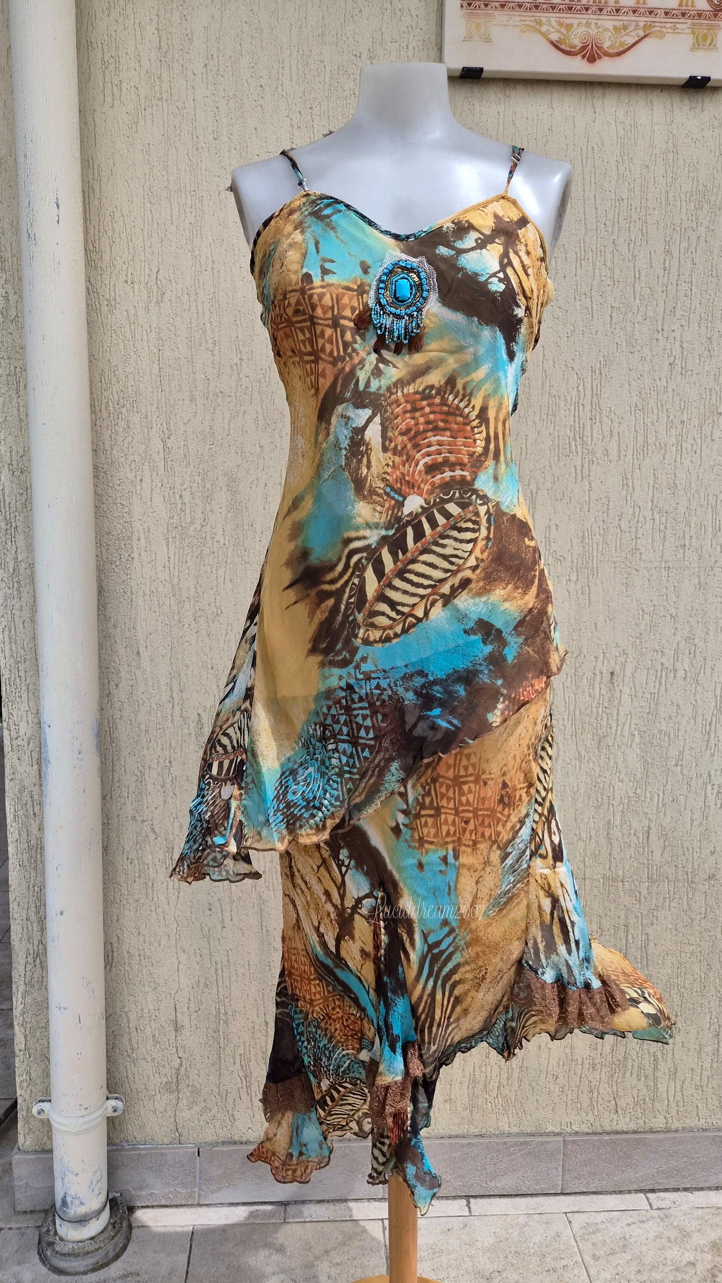 Ensemble en soie bleu et beige