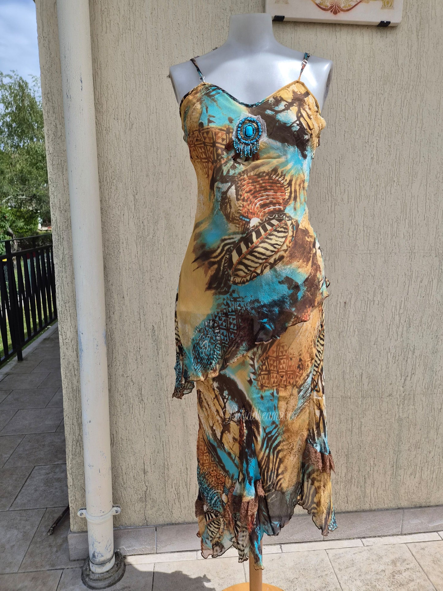 Ensemble en soie bleu et beige