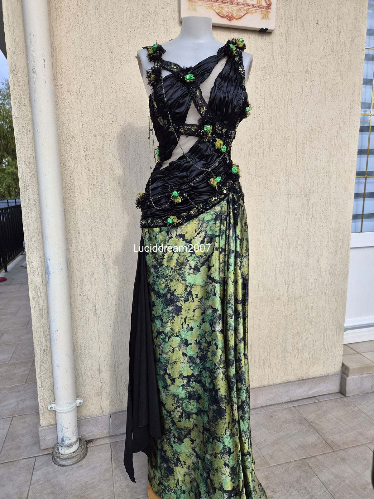 Black and green evening dress