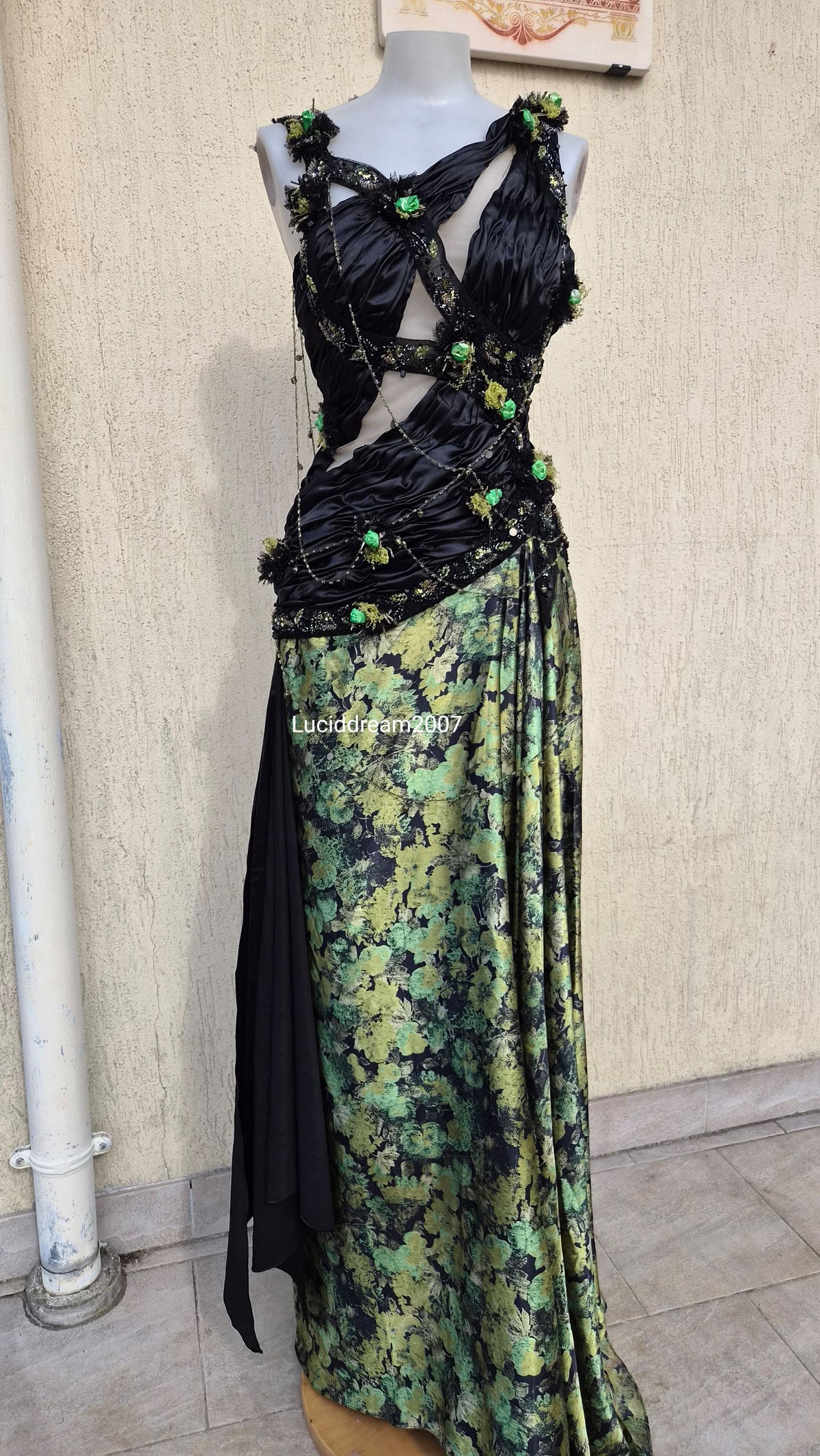 Black and green evening dress