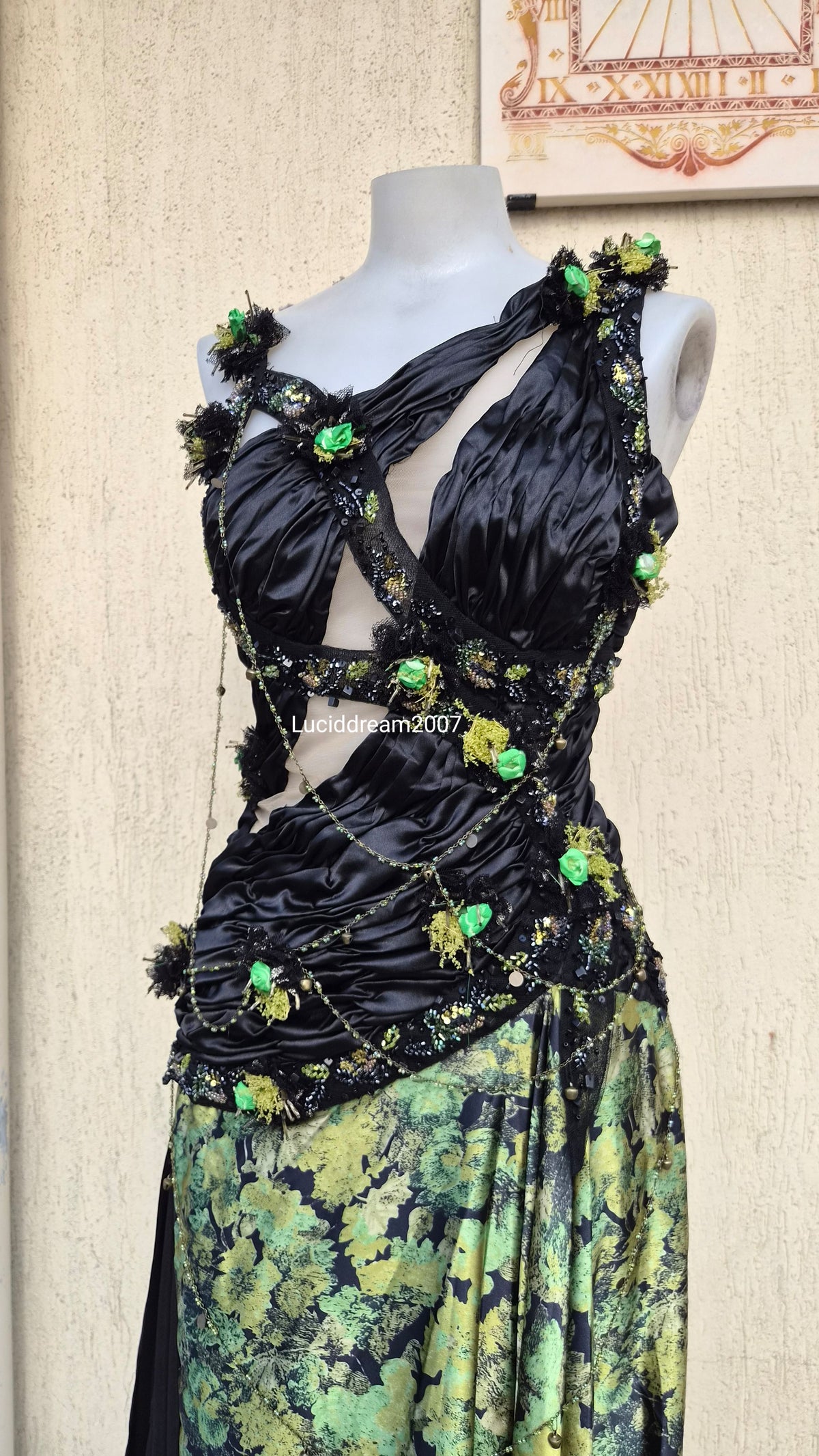 Black and green evening dress