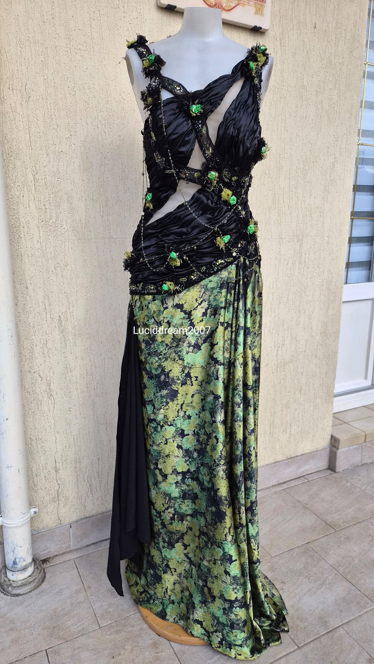 Black and green evening dress