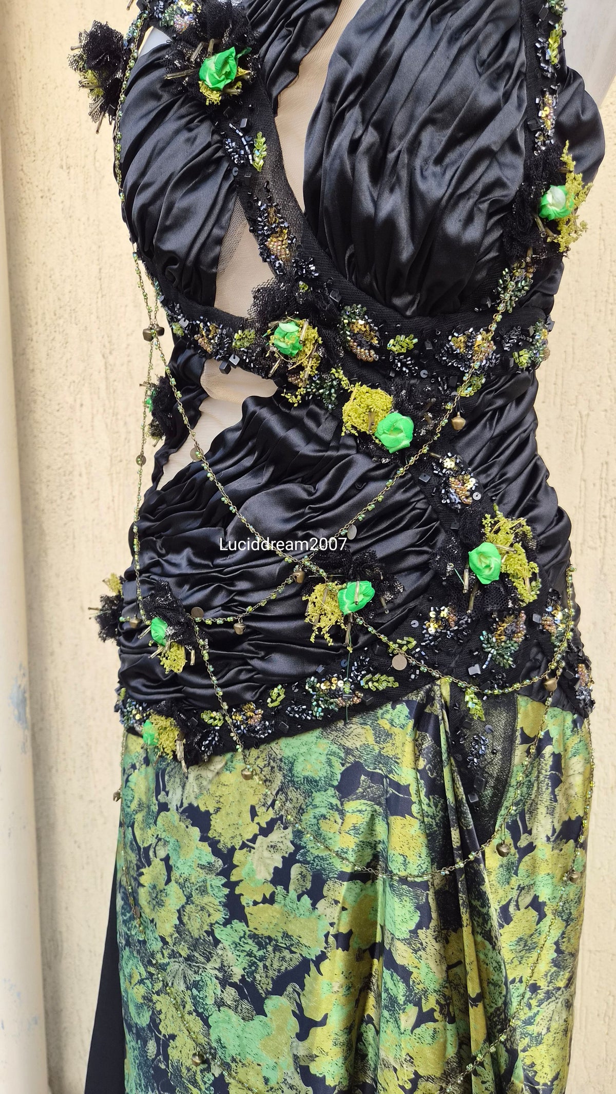 Black and green evening dress