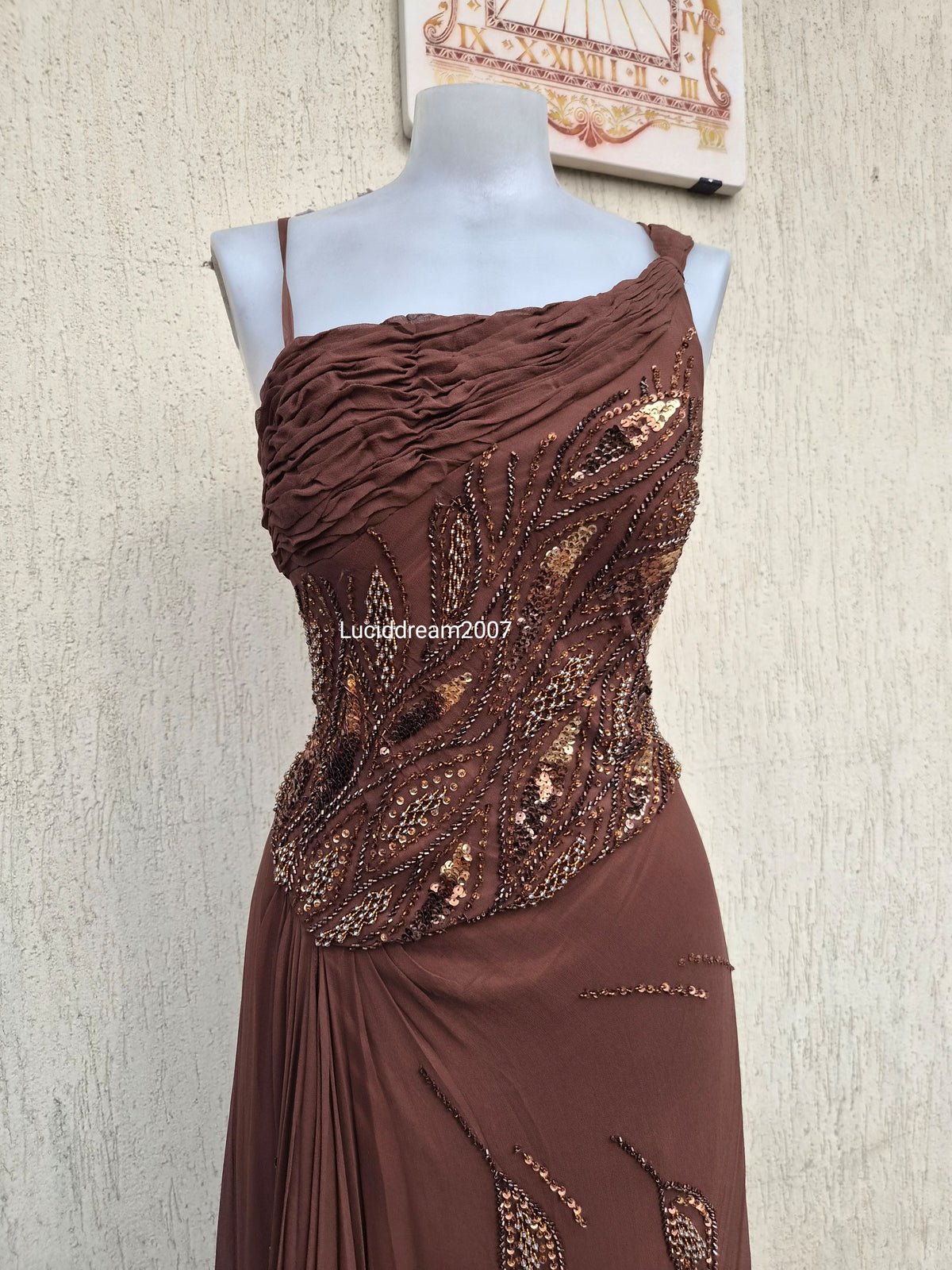Embroidered brown silk dress