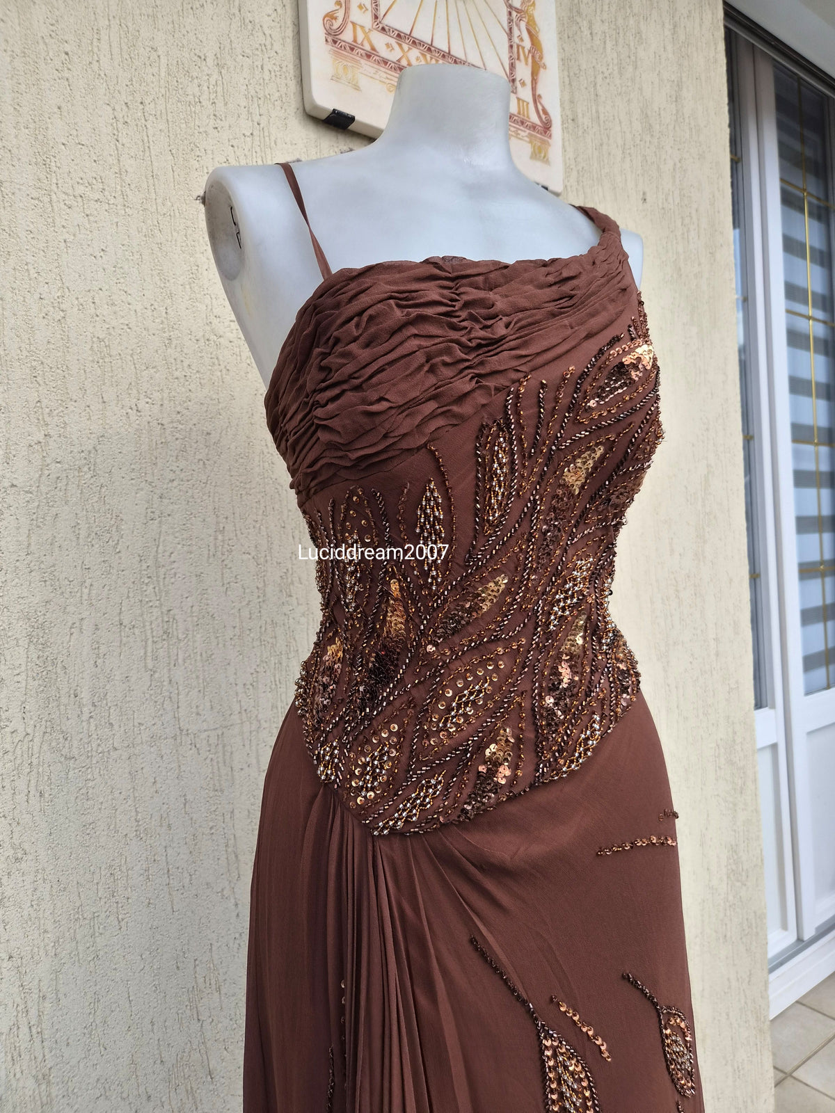 Embroidered brown silk dress