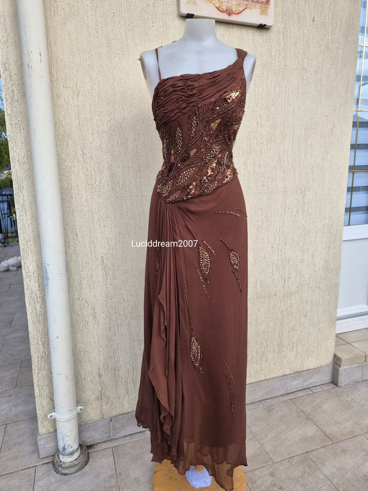 Embroidered brown silk dress