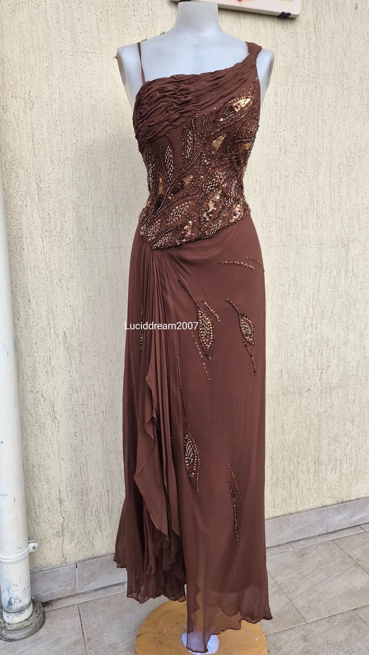 Embroidered brown silk dress