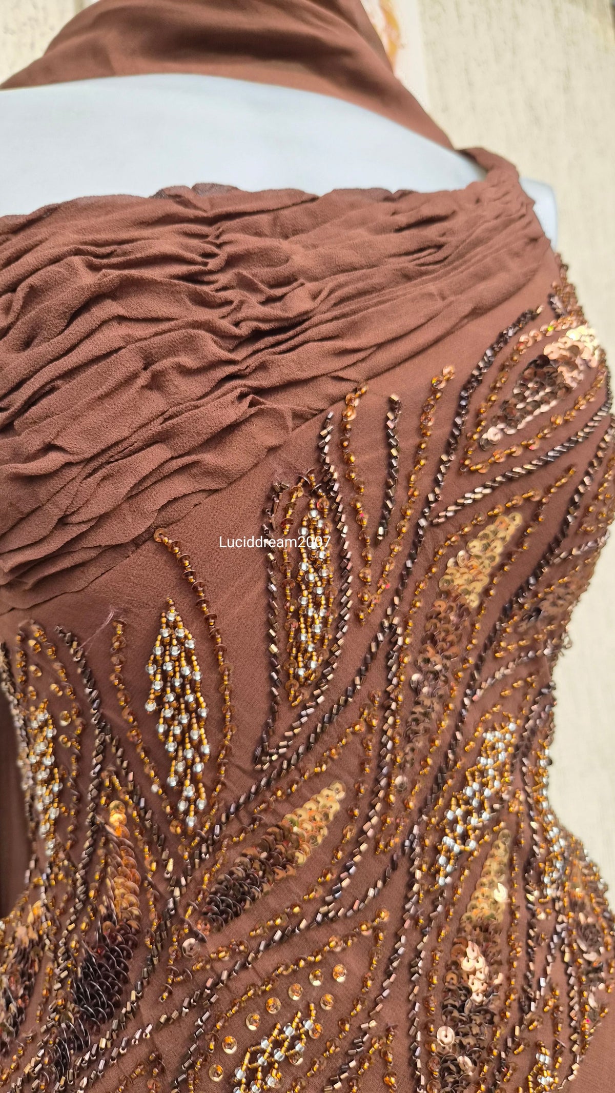 Embroidered brown silk dress