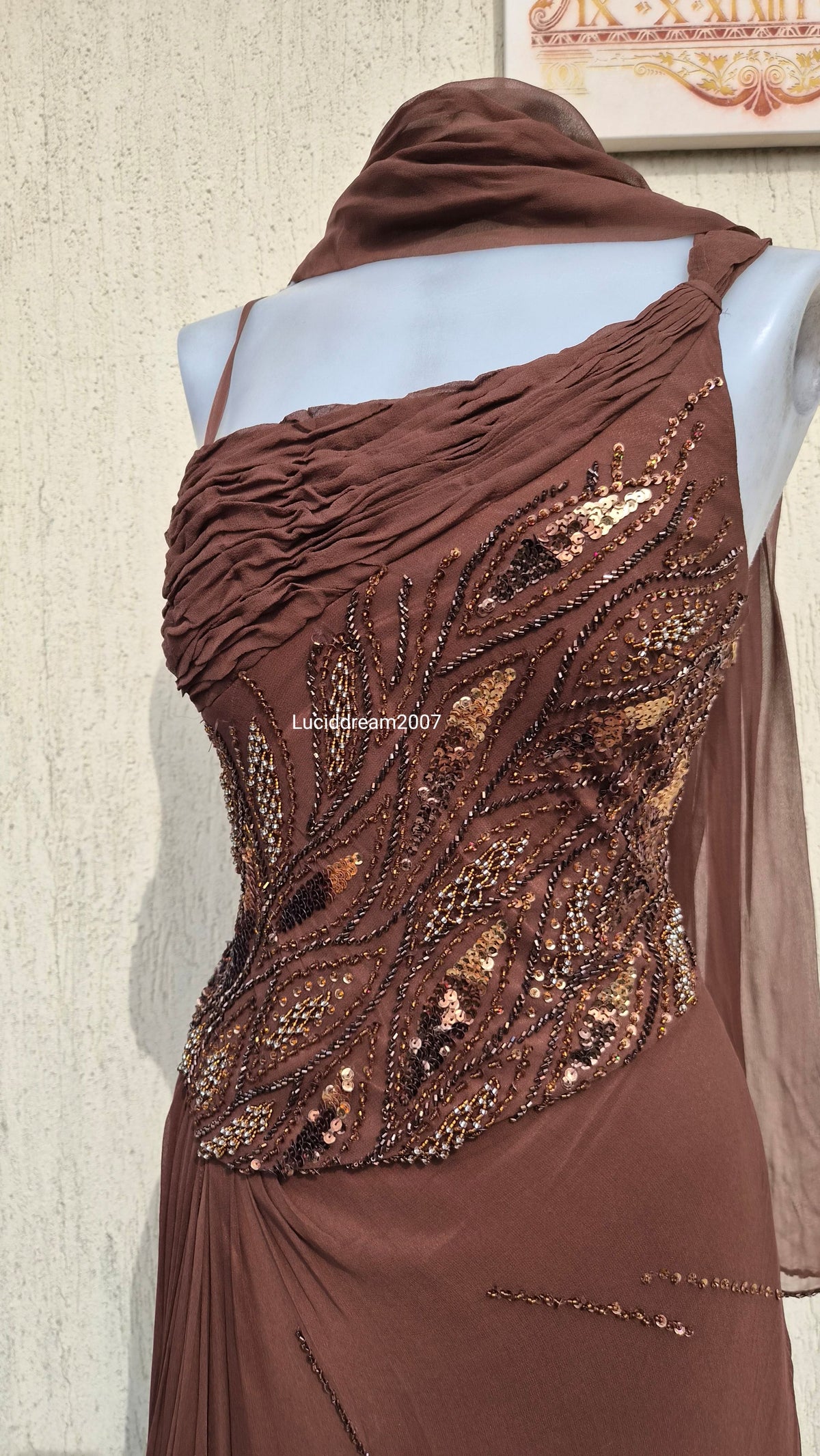 Embroidered brown silk dress