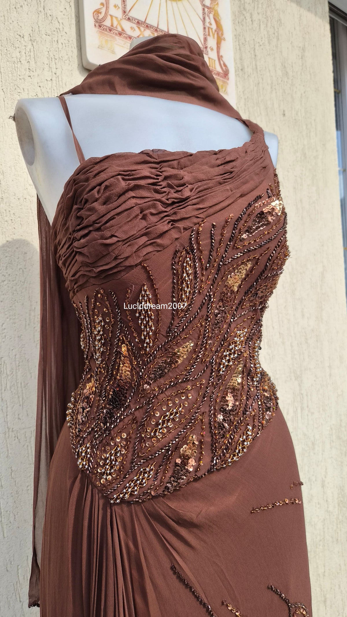 Embroidered brown silk dress
