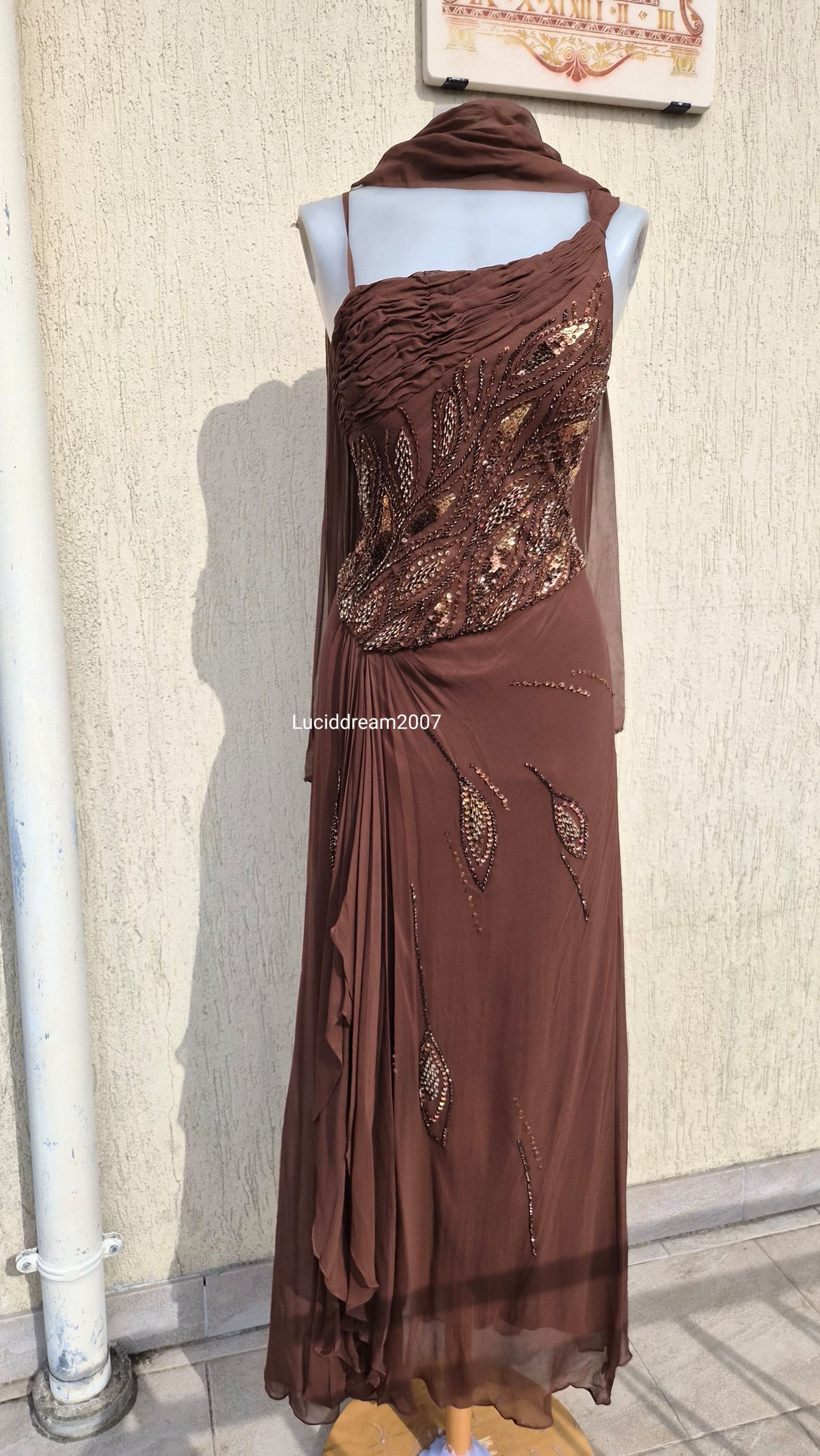 Embroidered brown silk dress