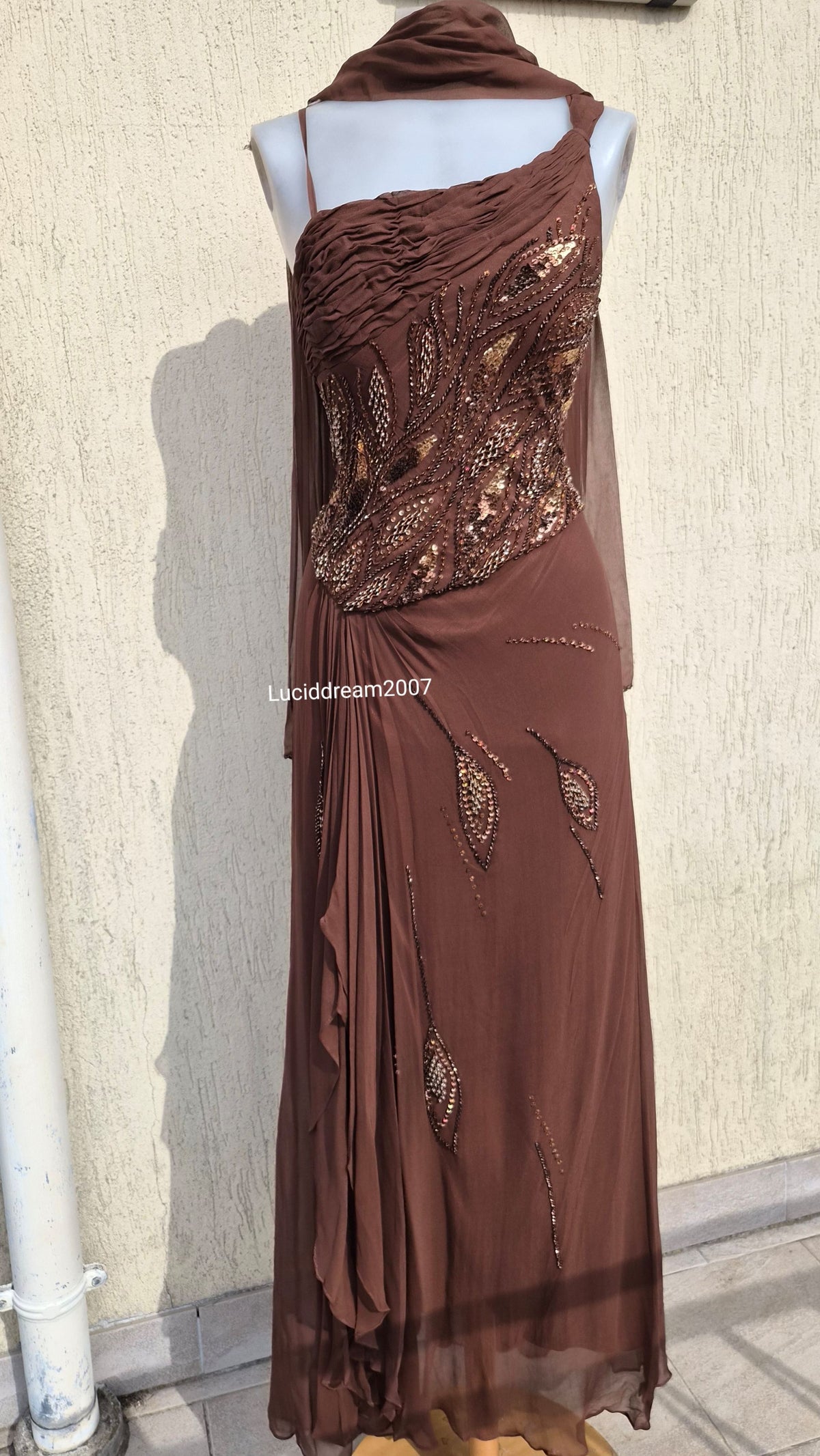 Embroidered brown silk dress