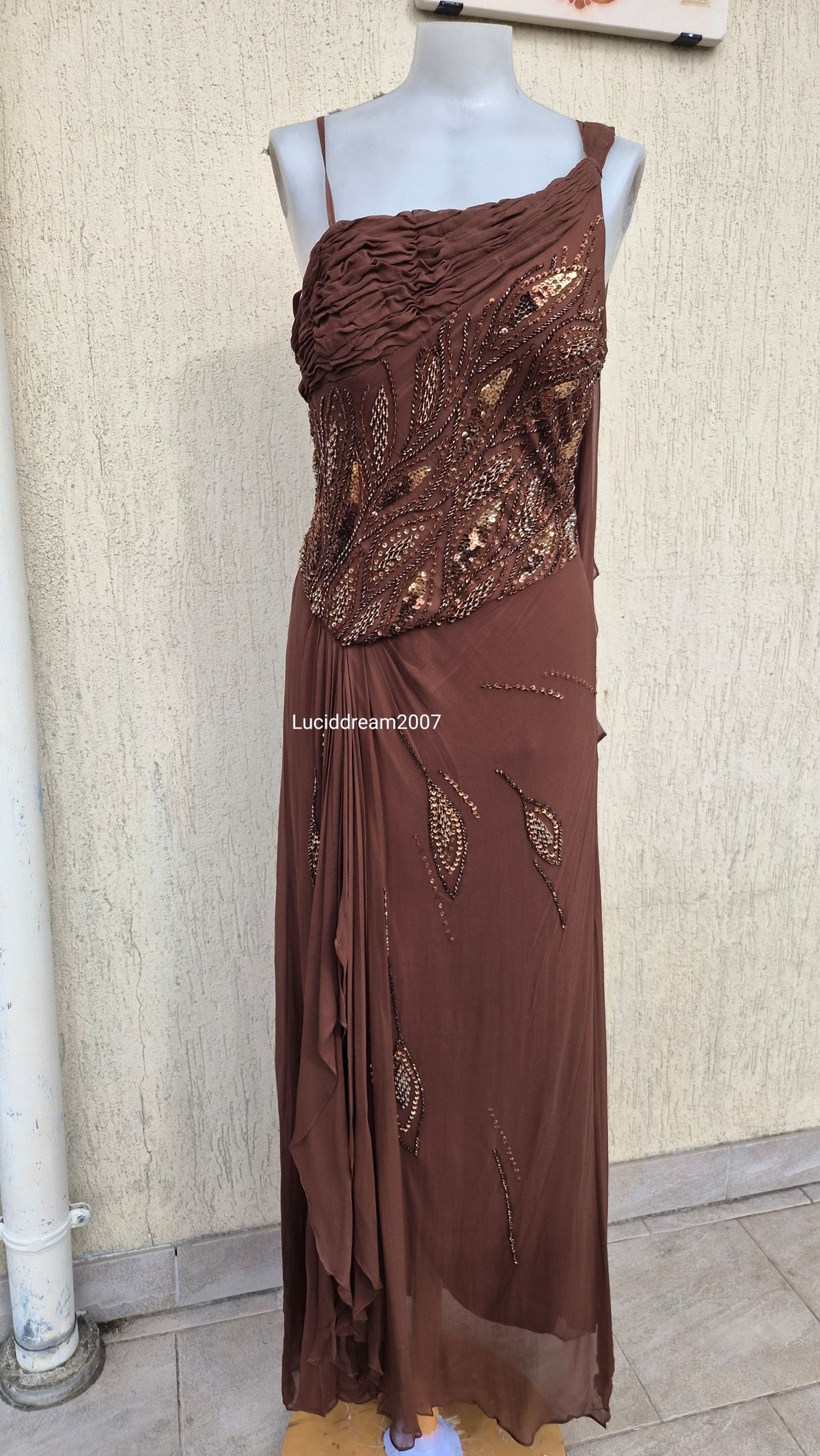 Embroidered brown silk dress