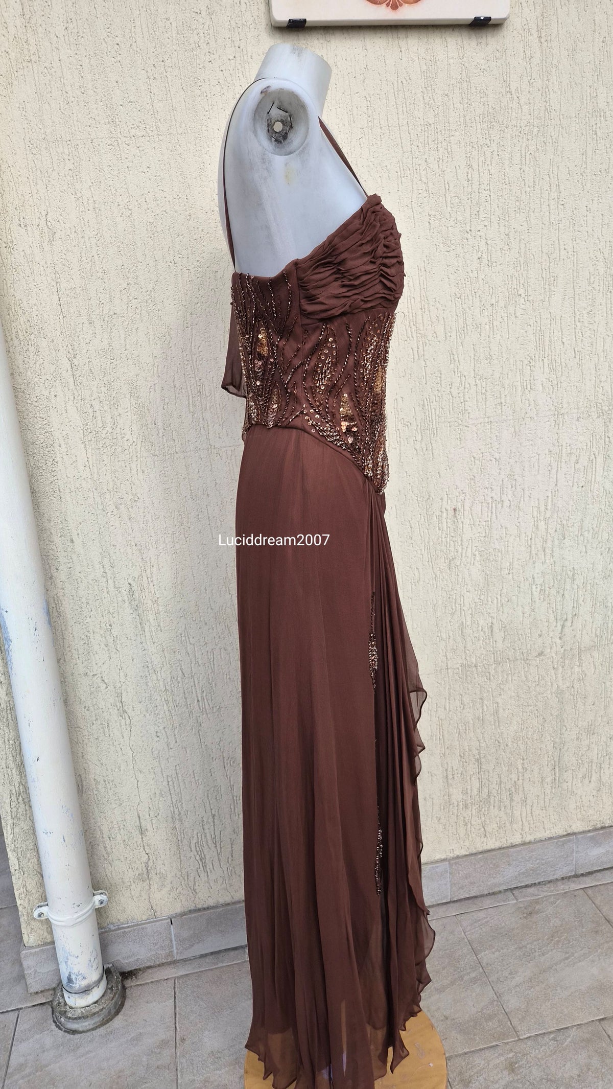 Embroidered brown silk dress