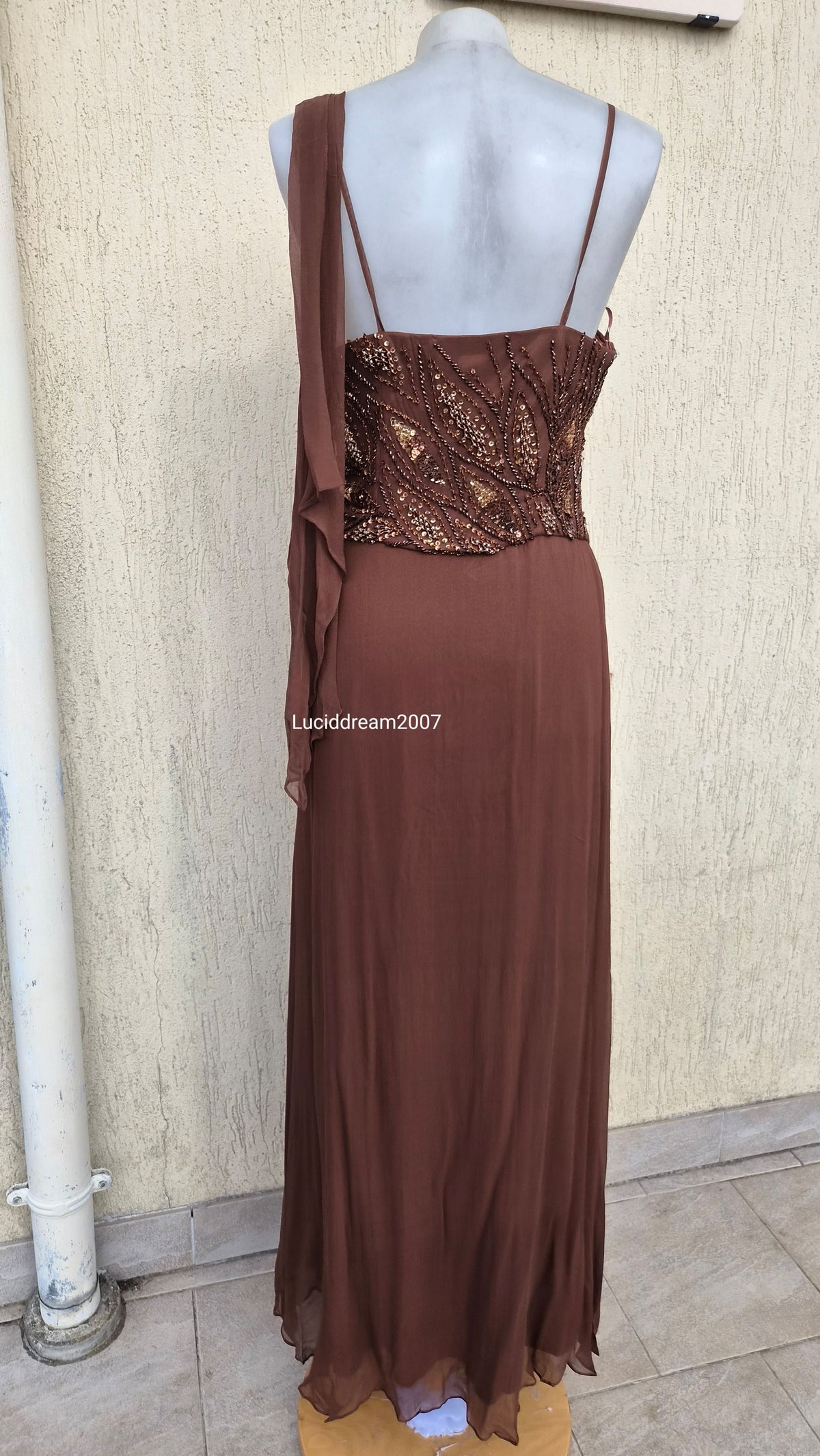 Embroidered brown silk dress