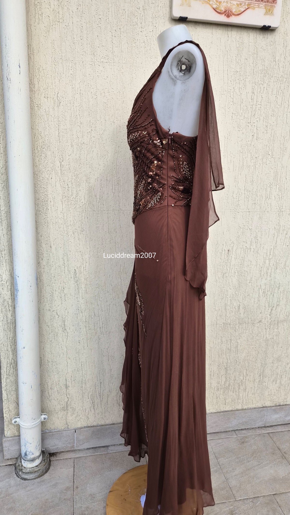 Embroidered brown silk dress
