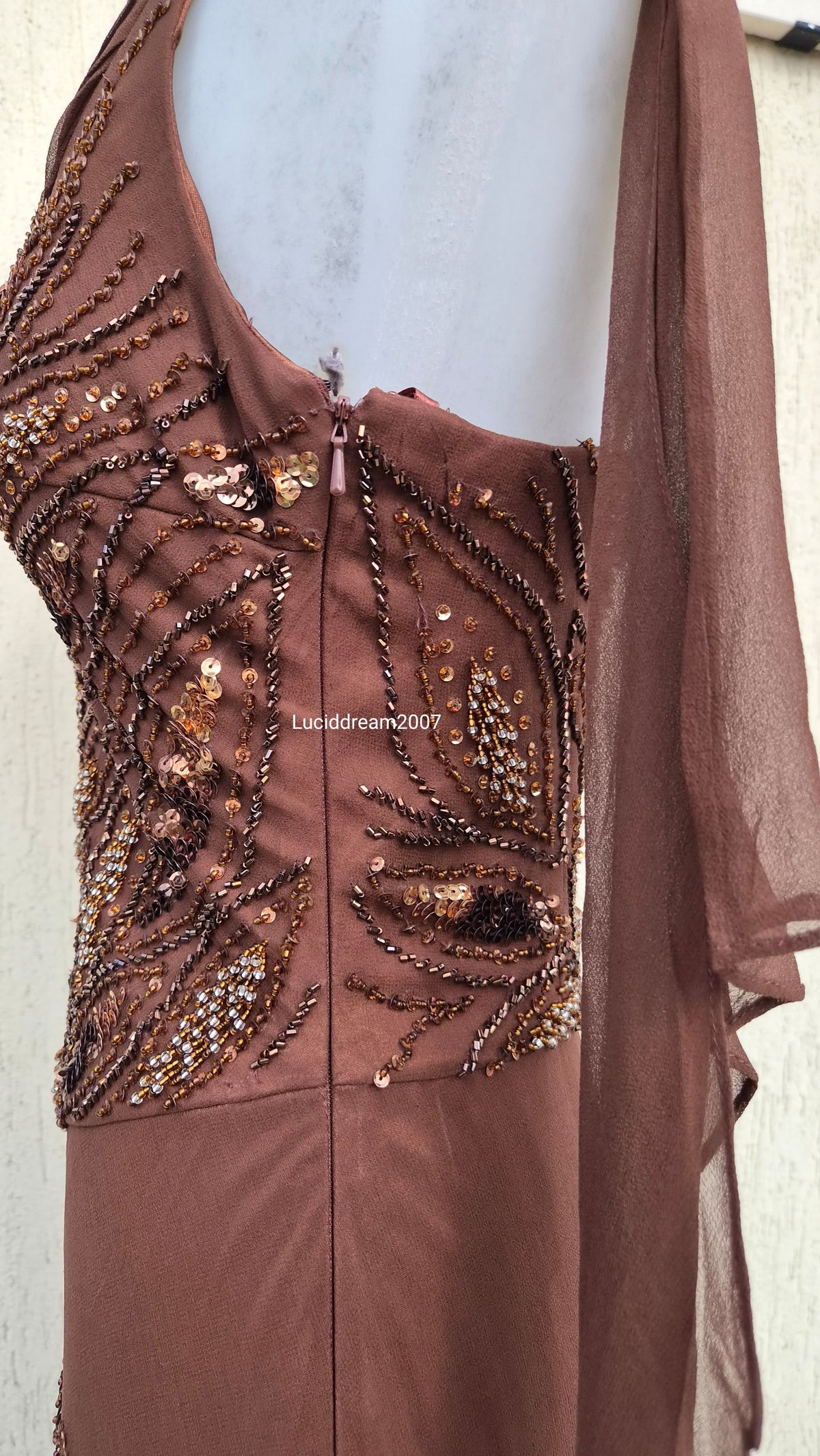 Embroidered brown silk dress