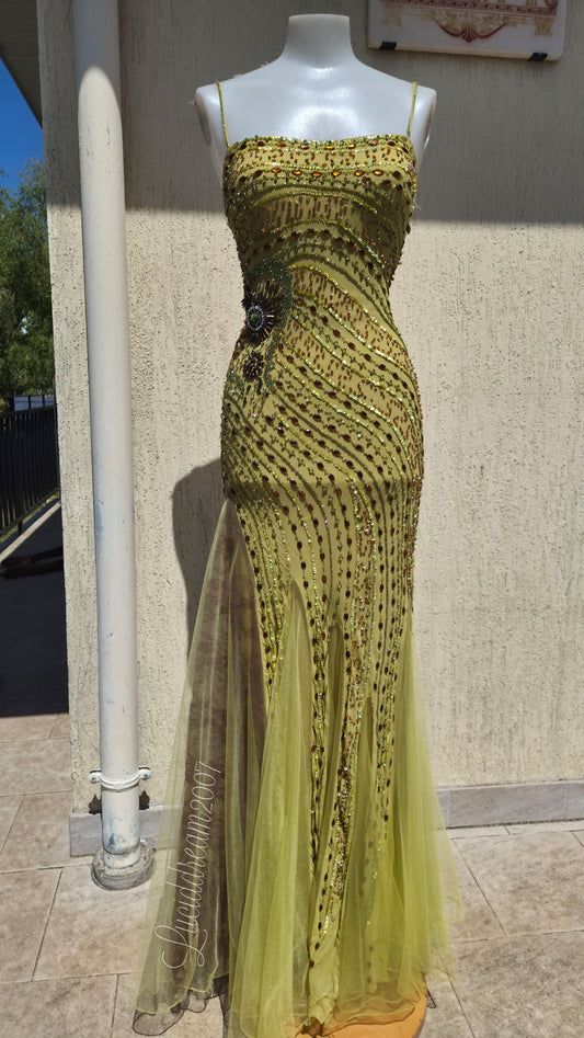 Robe en soie verte brodée