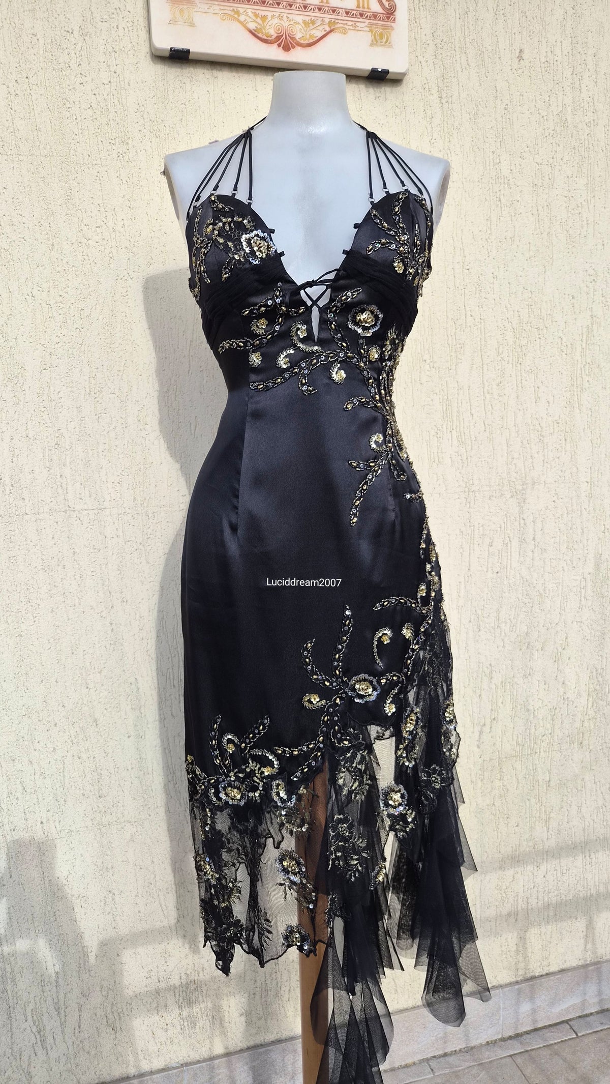 Embroidered black asymmetrical dress