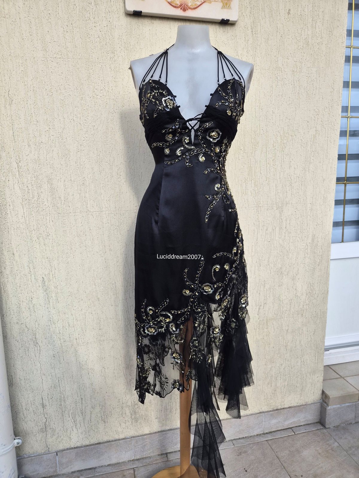 Embroidered black asymmetrical dress