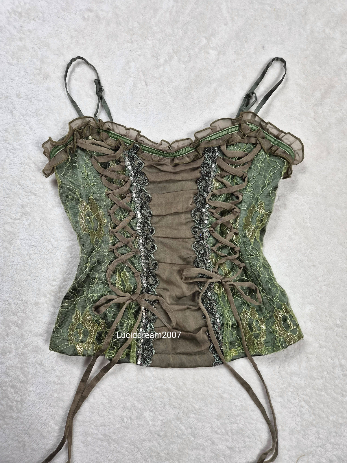 Haut esprit corset laçage et dentelle vert