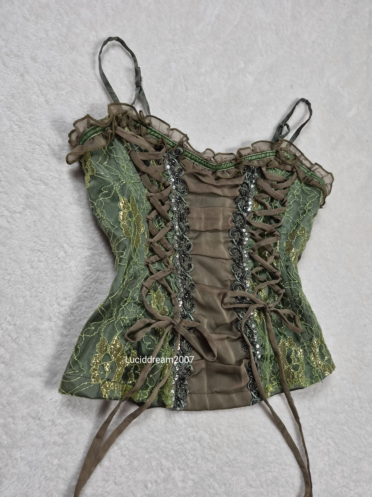 Haut esprit corset laçage et dentelle vert