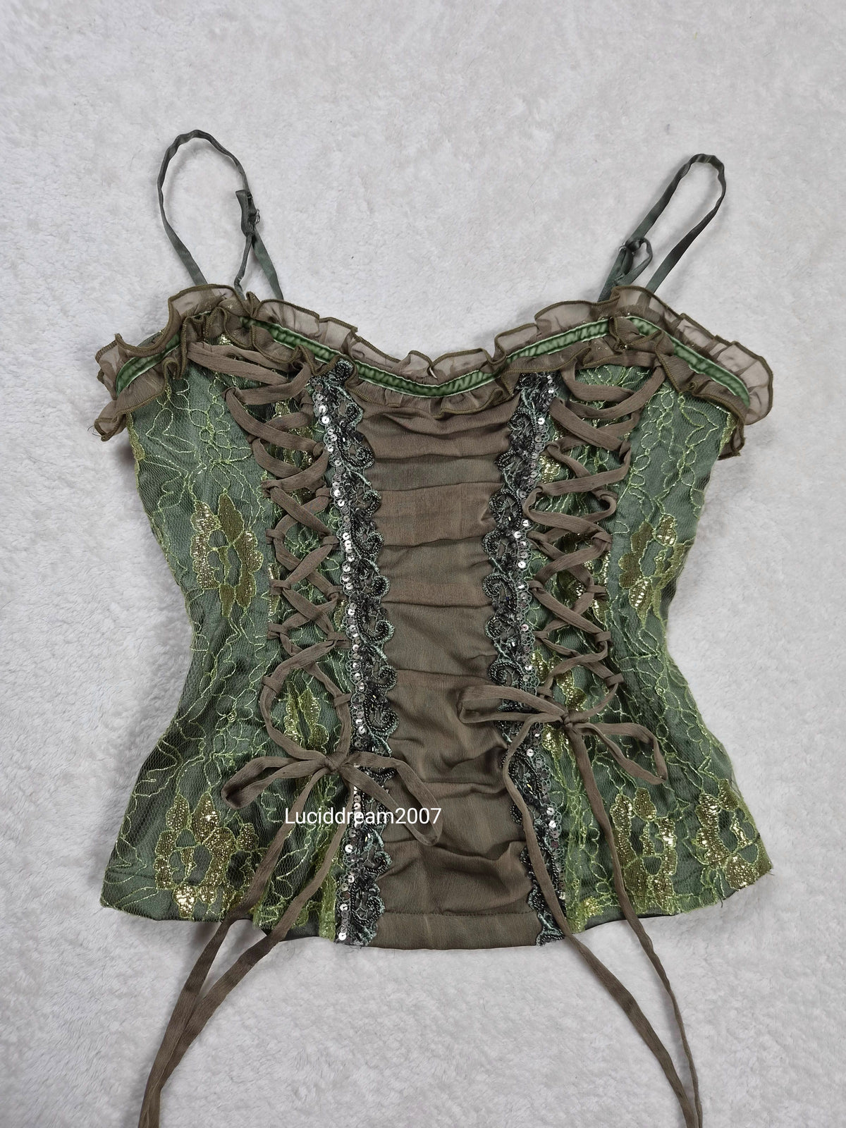 Haut esprit corset laçage et dentelle vert