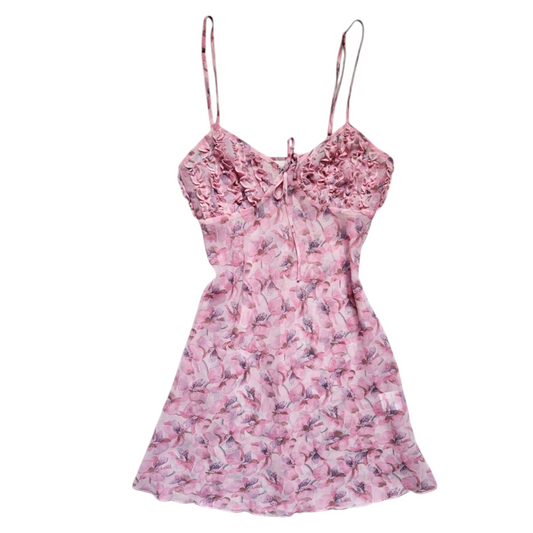 Pink floral chiffon mini dress with delicate straps, ruched bust detail and soft flowy silhouette, romantic y2k fairycore aesthetic.